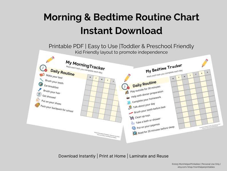 Morning Task Chart Printable Morning & Bedtime Routine Chart for Kids-printable PDF -daily Checklist ...
