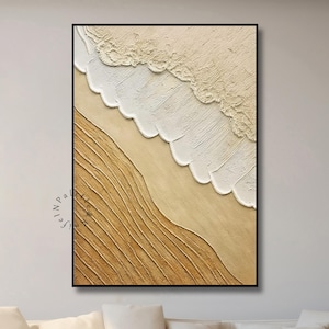 3D Textured Coastal Wall Art Large Beach Wave Canvas Painting Wabi-Sabi Wall Art Abstract Minimalist Painting Beige Ocean Textured Painting