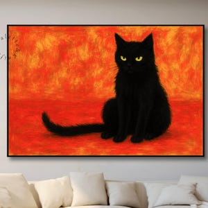 Bold Black Cat Wall Art Fiery Red Background Modern Gothic Cat Painting Modern Contemporary Black Cat Painting Minimalist Modern Animal Art
