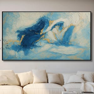Large Blue and Gold Abstract Canvas Painting Textured Ocean Waves Wall Art Modern Abstract Textured Canvas Wall Art For Living Room Decor