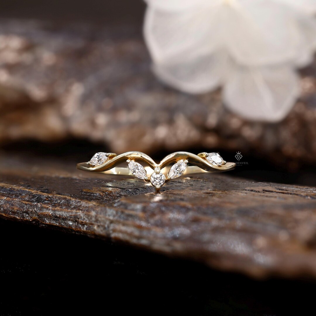 Marquise Cut Moissanite Curved Wedding Band Unique Yellow Gold Diamond ...