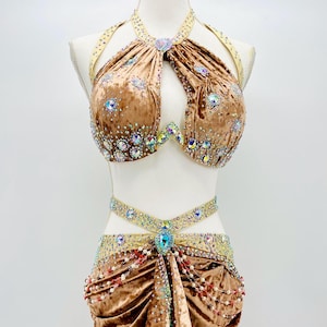 Professional Belly Dance Costume in Champagne Velvet with Rhinestones - Oriental Dance Costume - Egyptian Belly Dance Costume