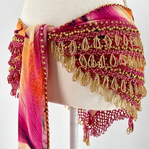 Pink Belly Dance Hip Scarf – Handmade Beaded Oriental Dance Belt, ATS Fringe Sash, Tribal Fusion, Festival Wrap, One-of-a-Kind