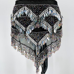 Beaded Belly Dance Hip Scarf – Handmade Sequin Festival Wrap Skirt – Tribal Fusion Dance Belt for Performers