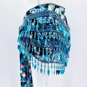 Ceinture de danse orientale à paillettes et perles bleues – Ceinture de danse orientale – Bandeau de hanche à franges en mousseline