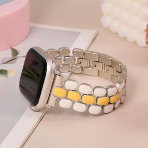 Enamel Apple Watch Band Women 49/46/45/44/42/41/40/38mm : Stainless Steel iWatch Strap for Series 11/10/9/8/7/SE/6 Starlight/White+Gold