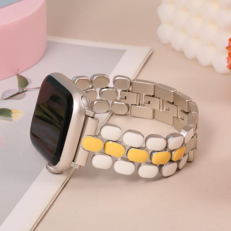 Enamel Apple Watch Band Women 49/46/45/44/42/41/40/38mm : Stainless Steel iWatch Strap for Series 11/10/9/8/7/SE/6 Starlight/White+Gold