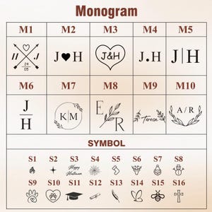 K&ouml;nnte beinhalten: Eine Tabelle mit verschiedenen Monogramm- und Symboloptionen. Der obere Teil zeigt Monogramm-Designs mit Initialen und Daten, w&auml;hrend der untere Teil Symbole wie eine Flamme, ein Kreuz, einen Pfotenabdruck, eine Abschlusskappe und mehr zeigt. Das Wort "Monogramm" steht oben.