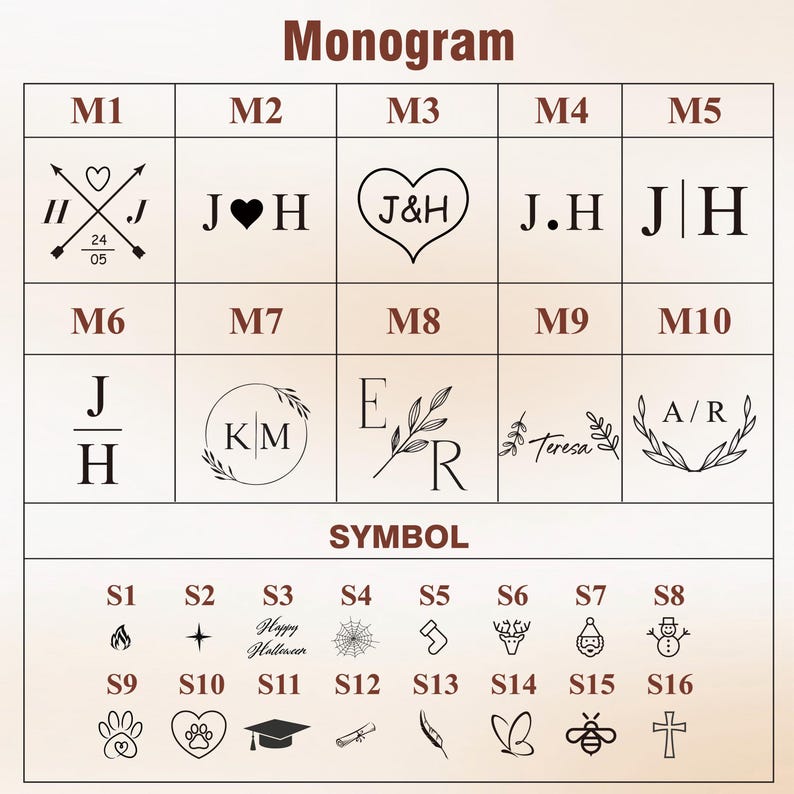 K&ouml;nnte beinhalten: Eine Tabelle mit verschiedenen Monogramm- und Symboloptionen. Der obere Teil zeigt Monogramm-Designs mit Initialen und Daten, w&auml;hrend der untere Teil Symbole wie eine Flamme, ein Kreuz, einen Pfotenabdruck, eine Abschlusskappe und mehr zeigt. Das Wort "Monogramm" steht oben.