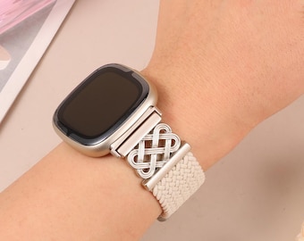Geflochtenes Fitbit Versa 4 Band, elastischer keltischer Knoten Gurtband für Fitbit Sense 2/Versa 3, Stretch Nylon Solo Loop für Damen