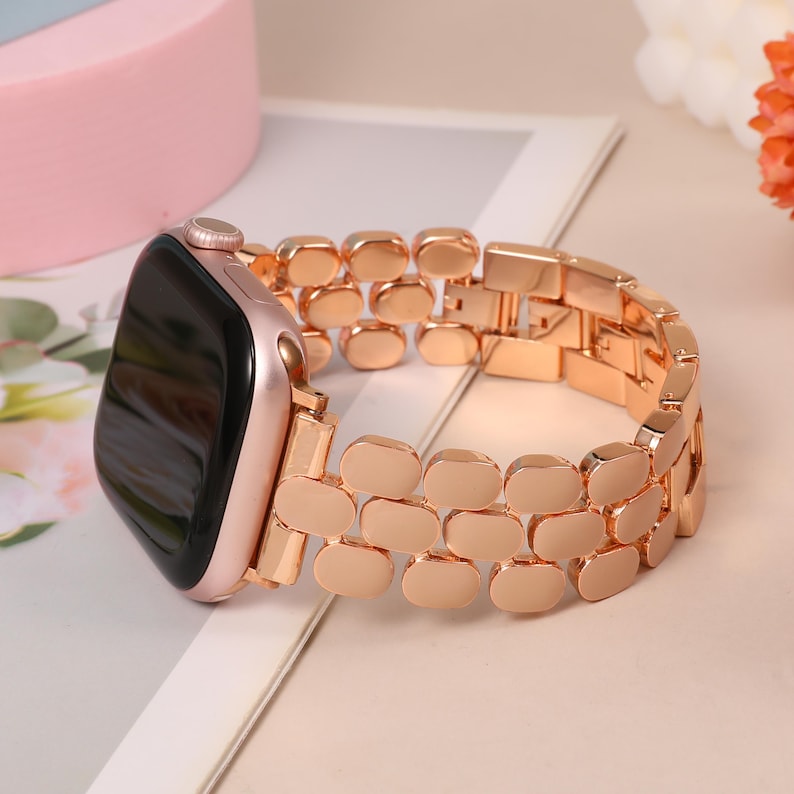 Enamel Apple Watch Band Women 49/46/45/44/42/41/40/38mm : Stainless Steel iWatch Strap for Series 11/10/9/8/7/SE/6 RoseGold/Nude