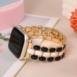 Enamel Apple Watch Band Women 49/46/45/44/42/41/40/38mm : Stainless Steel iWatch Strap for Series 11/10/9/8/7/SE/6 Gold/Black+White