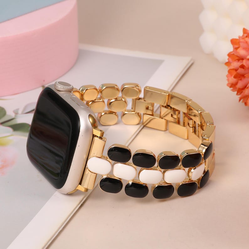Enamel Apple Watch Band Women 49/46/45/44/42/41/40/38mm : Stainless Steel iWatch Strap for Series 11/10/9/8/7/SE/6 Gold/Black+White