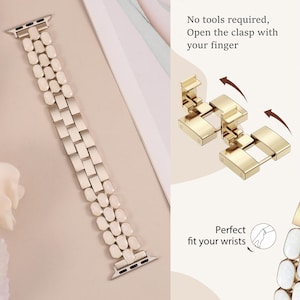 Classic and elegant iwatch band for women featuring removable links and shiny oval design.