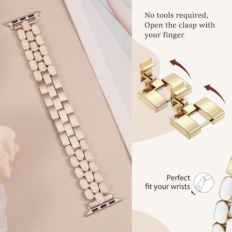 Classic and elegant iwatch band for women featuring removable links and shiny oval design.