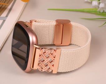 Magnetic Stretchy Fitbit Versa 4 Band for Women, Elastic Nylon Celtic Knot Strap for Fitbit Versa 3 /Sense 2/1 Soft Adjustable Watch Band