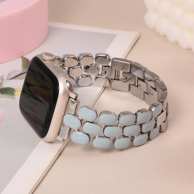 Enamel Apple Watch Band Women 49/46/45/44/42/41/40/38mm : Stainless Steel iWatch Strap for Series 11/10/9/8/7/SE/6 Sliver/Blue