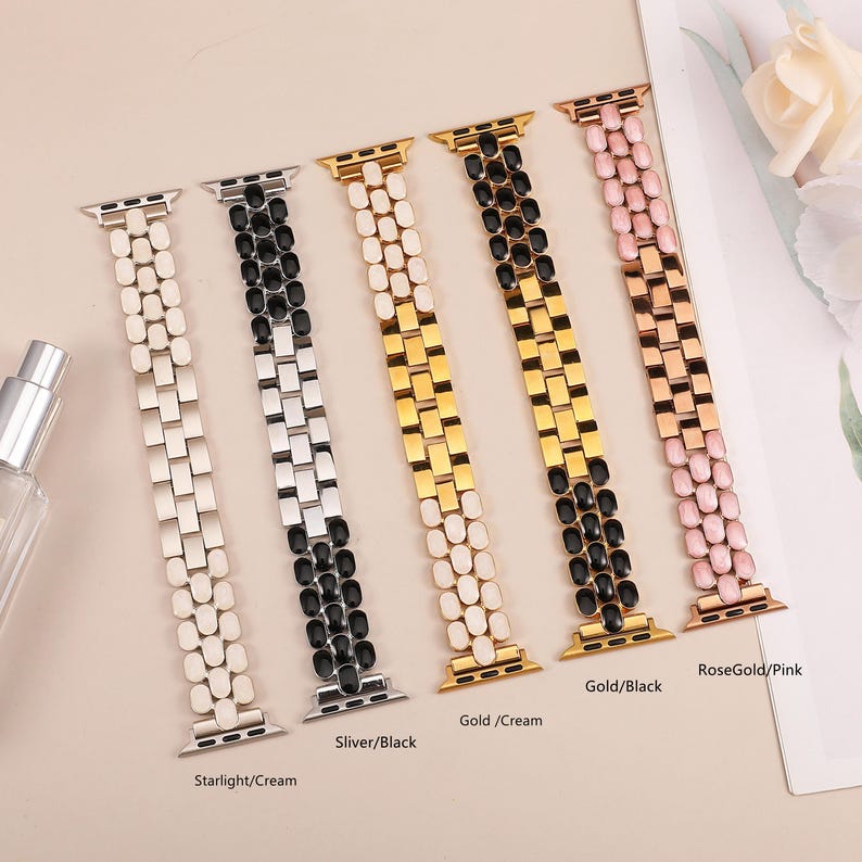 Adjustable stainless steel iwatch band with glossy enamel links, perfect for Apple Watch Series 10 to 1.