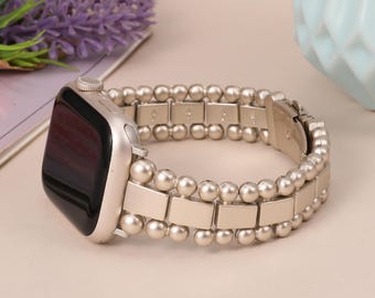 Luxury Pearl Apple Watch Band for Women, Jewelry Bracelet Strap, Adjustable Stainless Steel iWatch Band Series 11-1 & Ultra