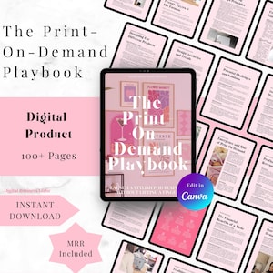 Könnte beinhalten: Ein digitales Produkt namens "The Print-On-Demand Playbook" wird auf einem Tablet angezeigt, umgeben von anderen Dokumenten. Der Tablet-Bildschirm zeigt den Titel und einen farbenfrohen Kunstdruck. Text beinhaltet "Digitales Produkt", "100+ Seiten" und "Sofort-Download."