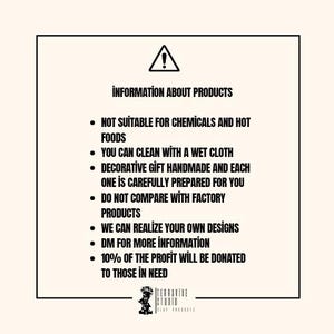 May include: A cream-colored graphic with a black border and text. The text reads "INFORMATION ABOUT PRODUCTS" followed by bullet points detailing product care and design customization. The bottom of the graphic displays a logo and the words "TERRAVIVE STUDIO CLAY PRODUCTS".