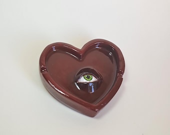Heart Trinket Dish: Handmade Clay Ashtray with Green Eye Detail