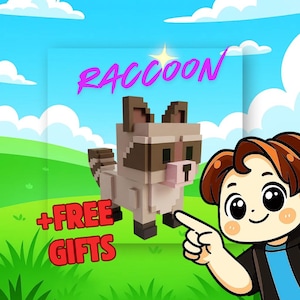 Op de afbeelding: Een blokkerig, gepixeld wasbeerfiguur in bruine en beige tinten, met een gestreepte staart en donkere oogvlekken. De afbeelding bevat de tekst RACCOON in het paars en +FREE GIFTS in het rood, naast een stripfiguur die naar de wasbeer wijst.