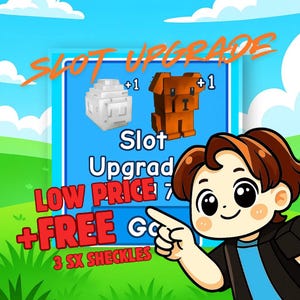 以下が含まれることがあります： 青い空と緑の草の漫画の画像。画像には、白いブロックと茶色の犬があり、どちらもプラス1の記号が付いています。「Slot Upgrade」、「Low Price」、「Free」というテキストが含まれています。漫画のキャラクターがテキストを指しています。