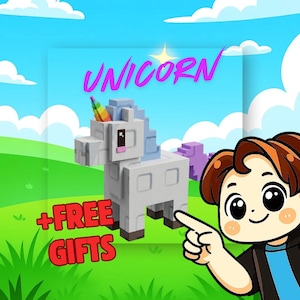 May include: A blocky, pixelated unicorn figure with a rainbow-colored horn, light blue mane, and purple tail. The text UNICORN appears in purple above the figure, and the red text +FREE GIFTS is displayed on the lower left side of the image.