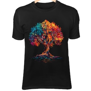 May include: Black t-shirt featuring a colorful geometric tree design. The tree's leaves are a mosaic of blue, orange, red, and yellow triangles. The trunk and roots are brown, and the shirt is hanging on a wooden hanger.