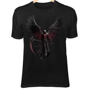 Hell Reaper Skull Shirt - Verdrehte Sense, Schwarz Gefiederte Flügel & Glühend Rote Risse Art