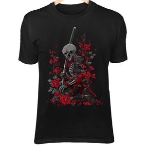 Samurai Skull & Katana T-Shirt - Fallen Warrior Design, Red Flower Death Symbol, Dark Japan Art Tee