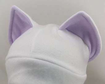 Lilac and White Cat Ear Hat, Kawaii Adult Cat Ear Winter Fleece Hat