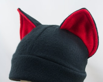 Red and Black Cat Ear Hat, Kawaii Adult Cat Ear Winter Fleece Hat