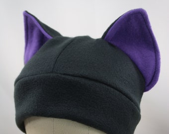 Purple and Black Cat Ear Hat, Kawaii Adult Cat Ear Winter Fleece Hat