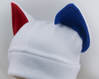 Blue, Red and White Cat Ear Hat, Kawaii Adult Cat Ear Winter Fleece Hat