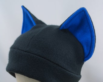 Blue and Black Cat Ear Hat, Kawaii Adult Cat Ear Winter Fleece Hat