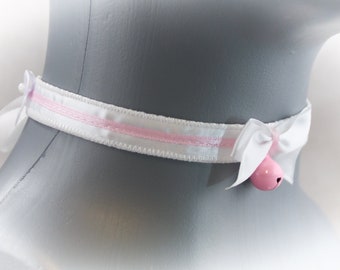 Skinny White and Pink Choker, Kitten Play Collar, Pet Play Collar, Choker, Adult Kitten Play Collar, BDSM Collar