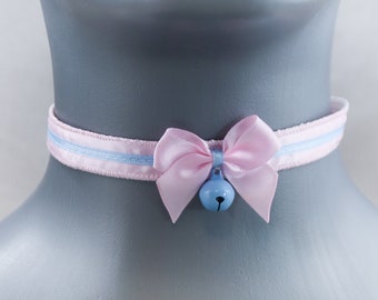 Skinny Pink and Light Blue Bell Choker, Kitten Play Collar, Pet Play Collar, Choker, Adult Kitten Play Collar, BDSM Collar