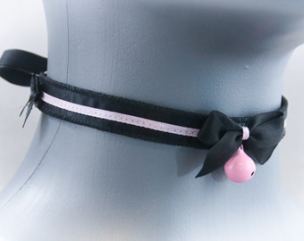 Skinny Black and Pink Bell Choker, Kitten Play Collar, Pet Play Collar, Choker, Adult Kitten Play Collar, BDSM Collar