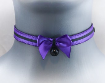 Skinny Purple and Black Bell Choker, Kitten Play Collar, Pet Play Collar, Choker, Adult Kitten Play Collar, BDSM Collar