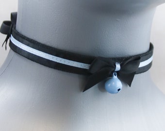 Skinny Black and Light Blue Bell Choker, Kitten Play Collar, Pet Play Collar, Choker, Adult Kitten Play Collar, BDSM Collar