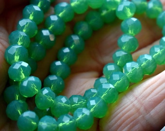 40 pcs 8x6mm Opalescent Green Faceted Rondelle Glass Beads OG