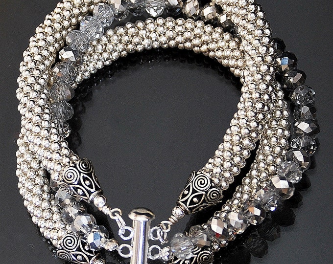 SALE 3 Strand Silver Metal Bead Crochet Rope and Crystal Bangle