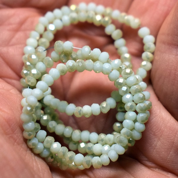 90 pcs 3x2mm Opaque Pale Pale Green Fire Polished Metallic Champagne Faceted Rondelle Glass Beads OPPG/F