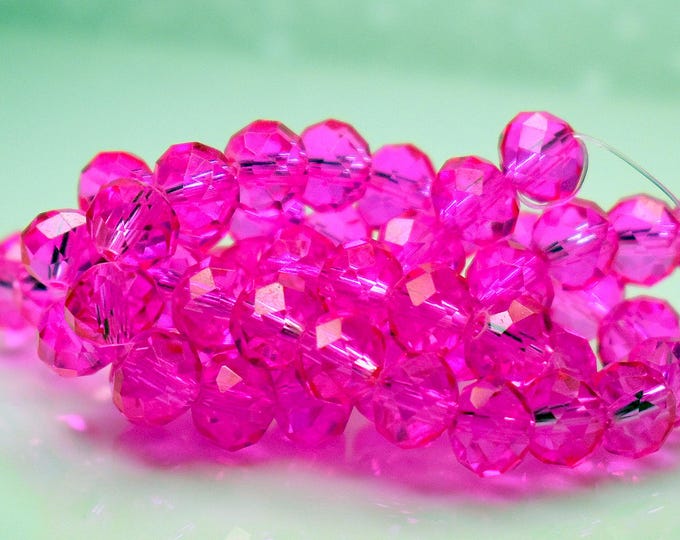 Pink Translucent Bar 60 Pcs 8x6mm Transparent Hot Pink Faceted Rondelle Glass Beads #25-196 ...