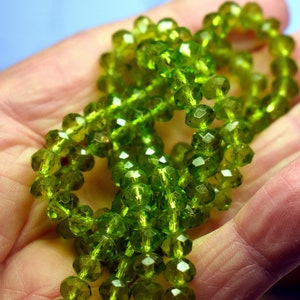 75 pcs 6x4mm Transparent Dark Lime Green Faceted Rondelle Glass Beads #24-025