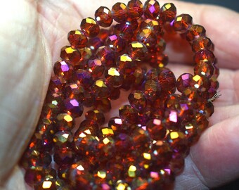 85 pcs 6x4mm Transparent Dark Amber Fire Polished Gold, Purple, Magenta, Cobalt Faceted Rondelle Glass Beads #56-23