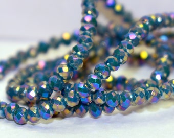 95 pcs 3x2mm  (+) Opaque Dark Blue Green Fire Polished Rainbow Peacock AB Faceted Rondelle Glass Beads;-gold, blues, fuchsia  ODBG/F