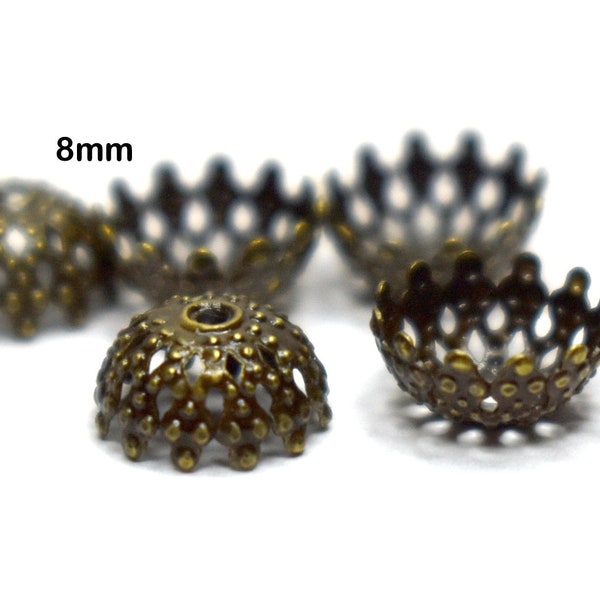 30 pcs 8x4mm Antique Bronze Small Filigree Crown Dome Bead Caps